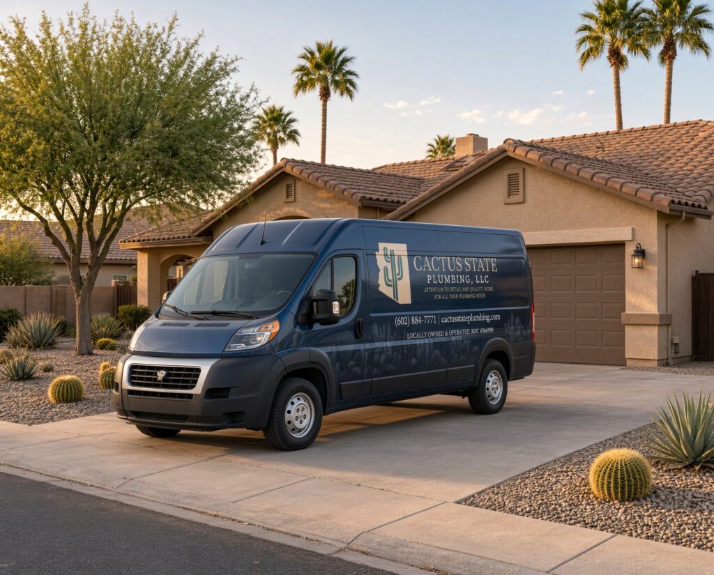 Surprise Arizona Driveway with a Cactus State Plumbing Van parked